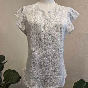 Calvin Klein Blouse Women’s Medium Black White Flutter Sleeve Pleated Top